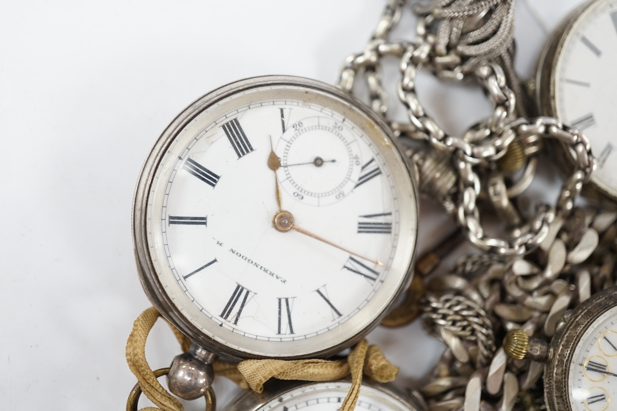 Three assorted silver pocket watches, including a hunter by Cometti, Lewes, two white metal pocket watches and two Swiss white metal fob watches, together with assorted chains including 925. Condition - poor to fair